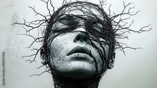 Abstract woman face, nature roots, light grey