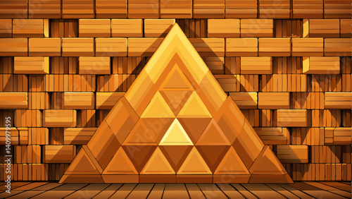 Triangular, Soft sheen Mosaic Tiles arranged in the shape of a wall. Wood, Timber, Blocks stacked to create a 3D block background. 3D Render