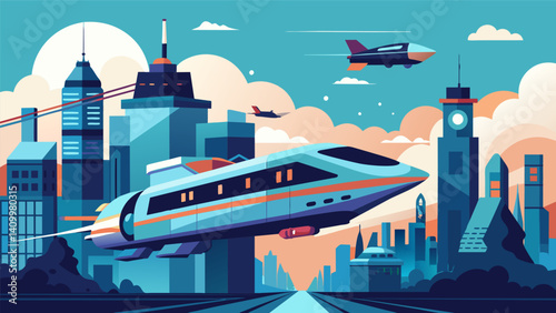 With their tingedge technology the eVTOLs appear like soing out of a science fiction movie gracefully transporting passengers to their destinations in the heart of the city.. Vector illustration
