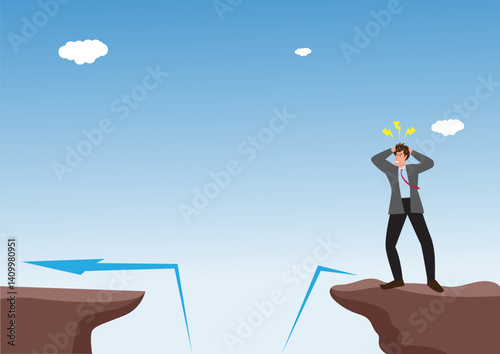 Business setbacks and problem solving concept with business people standing over a big gap. Symbol of overcoming obstacles, strategy, analysis, creativity vector illustration