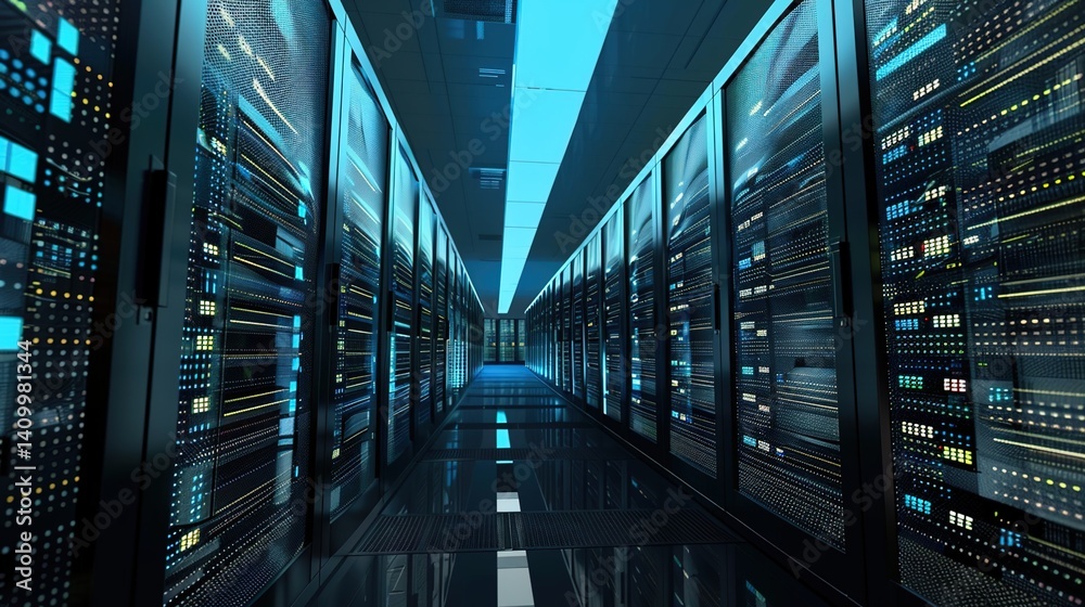 Fototapeta premium Server Room Data Center: High-Tech Background for IT Infrastructure & Connectivity 