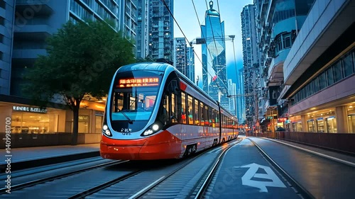 Modern tram city transit evening commute