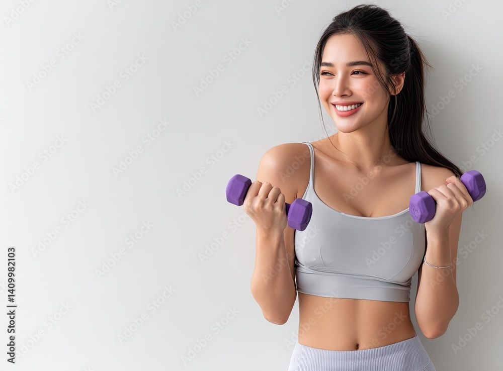 A beautiful Asian woman in sportswear is smiling and holding dumbbells, doing bicep curls with purple weights on her hands against the background of an isolated white wall. A beautiful Asian woman in sportswear is smiling and holding dumbbells, doing bicep curls with purple weights on her hands against the background of an isolated white wall.