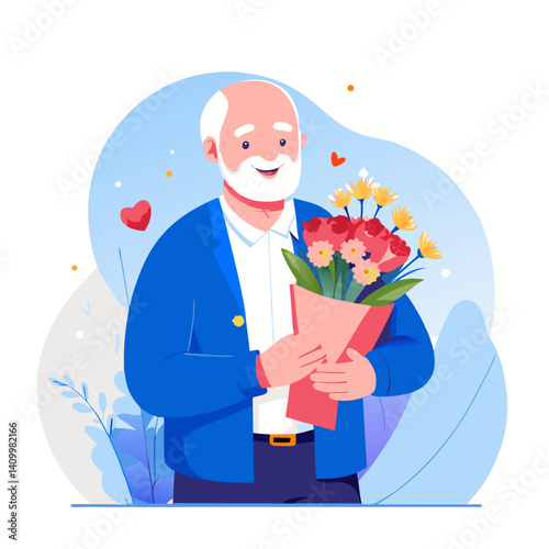 Smiling Senior man with a bouquet of flowers image. Cartoon vector illustration