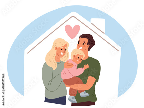 Loving family with young child in own home. Real estate purchase. New apartment. Happy couple hug with kid. Relocation happiness. Parents cuddle son under building roof. Vector concept