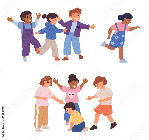 Kids bullying their friend. Taunts from boys and girls. Aggressive group behavior to victim. School abuse. Communication violence. Bully sad child crying and escaping. Vector concept