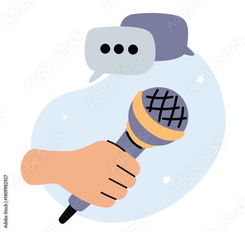 Hand holding microphone. Interview or news story. Human arm with mike. Public speaker. Speech bubble. Karaoke singer mic. Voice broadcasting. Audio multimedia equipment. Vector concept