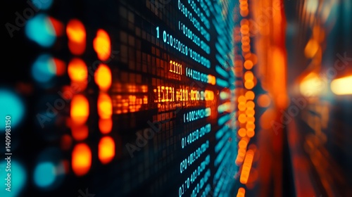 Glowing digital code and data stream on futuristic LED screen, with a blurred background