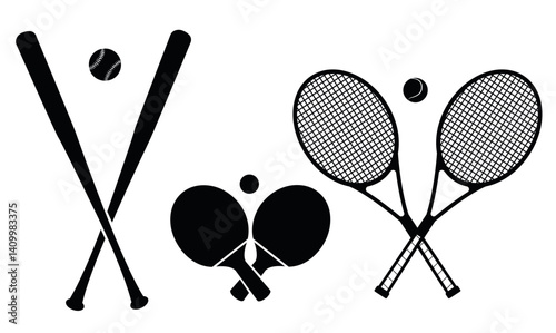 Crossed tennis rackets with ball. Sports equipment isolated on white background. Tournament club. Baseball bats. Sportsman match. Badminton racquet. Black silhouettes. Vector athletic set