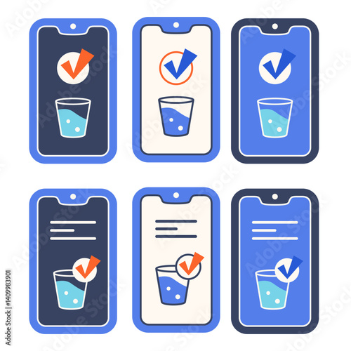 Drink water. Mobile phones with digital alert to drink water. Notification. Smartphone screen with hydration reminder and glass icon. Check mark, approval badge, Tick symbol. Vector