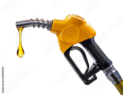 Gas gun with dripping yellow drop of petroleum. Fueling pistol for petrol or gasoline fill on transparent background and white background 