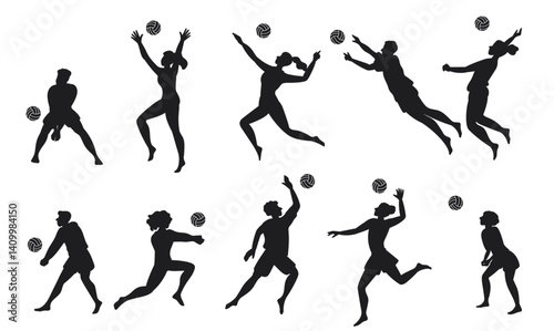 Beach volleyball players. Men and women playing on beach. Sportsman black silhouette. Team sport. People throwing or catching ball. Young athlete dynamic poses. Vector volleyballers set