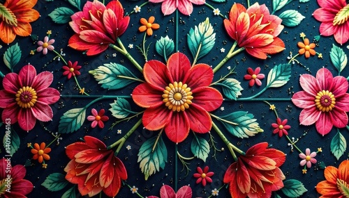 Intricate textile with repeating floral motif, surface, motif, damask