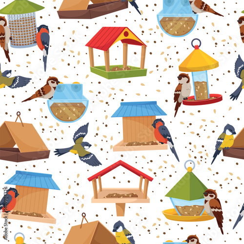 Assorted bird feeders with dainty. Animal shelters seamless pattern. Tits and bullfinches peck at grain. Sparrows fly. Repeated print. Feeding seeds. Park birdwatching. Vector background