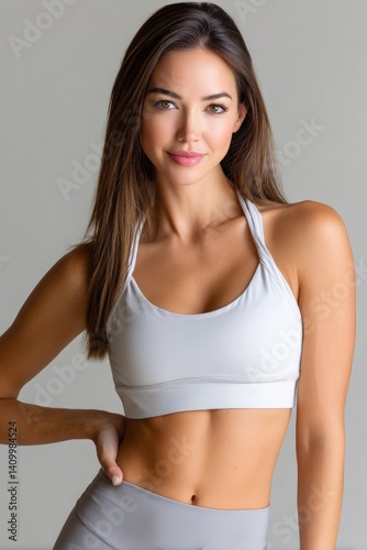 A charming woman in her late thirties, dressed as an athletic model wearing light gray yoga leggings and a white sports halter top with shoulder straps