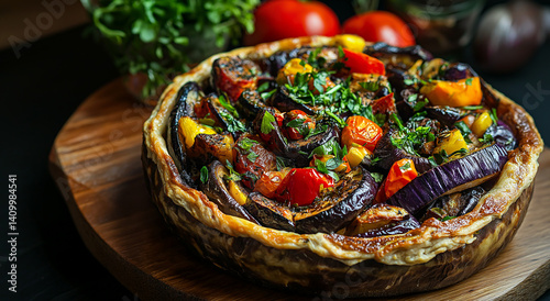 Torta colorida de legumes assados ​​com berinjela e tomate  photo