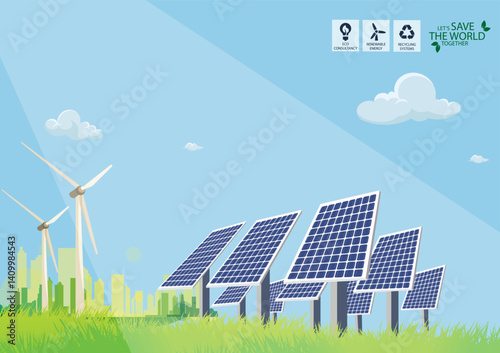 Clean electric energy concept. Renewable electricity resource from solar panels. Ecological change of the future. City skyline and nature landscape on background