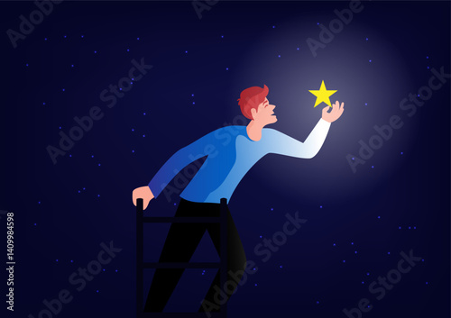 businessman to the stars achieve business goals vector illustration The character climbs the ladder to pick up the stars.