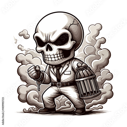 Cartoon Skull in Suit with Birdcage