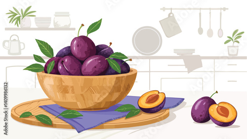 Plums in wooden bowl on table in kitchen Illustration vector design, Plums Illustration vector design