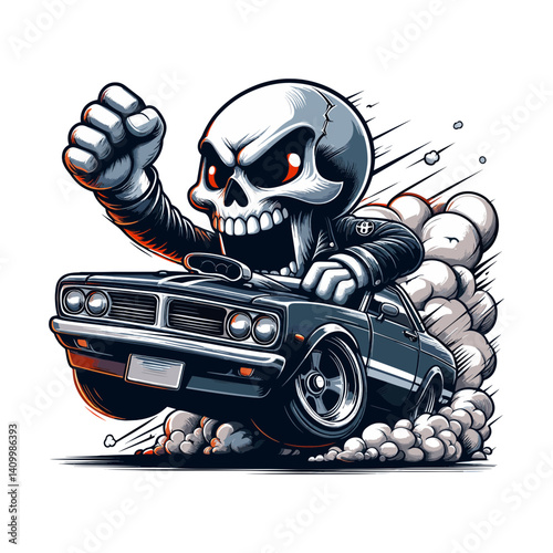 Skull Racer in Muscle Car Illustration