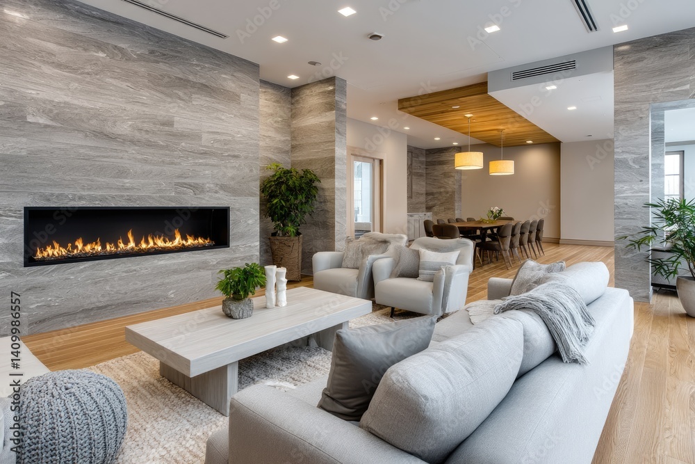 Fototapeta premium Modern living room with a fireplace, sofa, and armchairs arranged in an open layout to create space for socializing