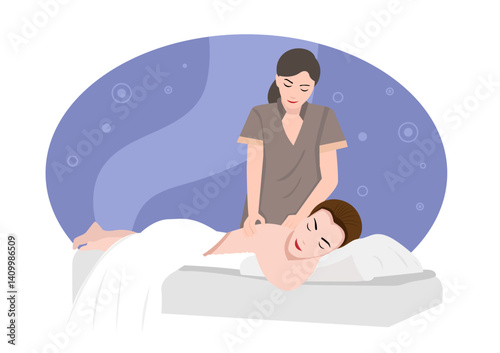 Relaxed woman getting back massage in luxury spa with professional massage therapist. Wellness, healing and relaxation concept.