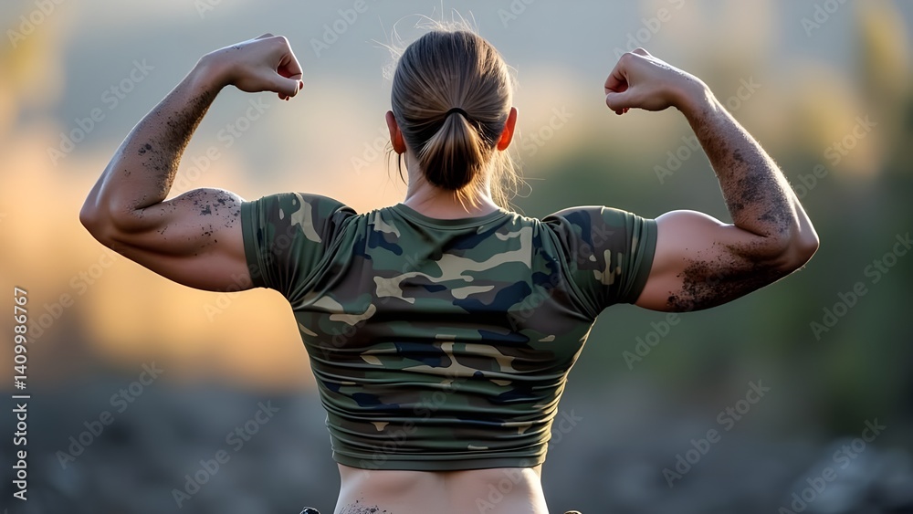 Concetto di forza fisica, allenamento militare. giovane donna soldato in addestramento
