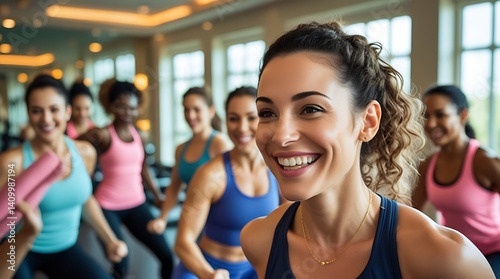 Group of energetic women enjoying a fun workout class together indoors, wearing colorful activewear, promoting healthy lifestyle, fitness, and group exercise motivation



