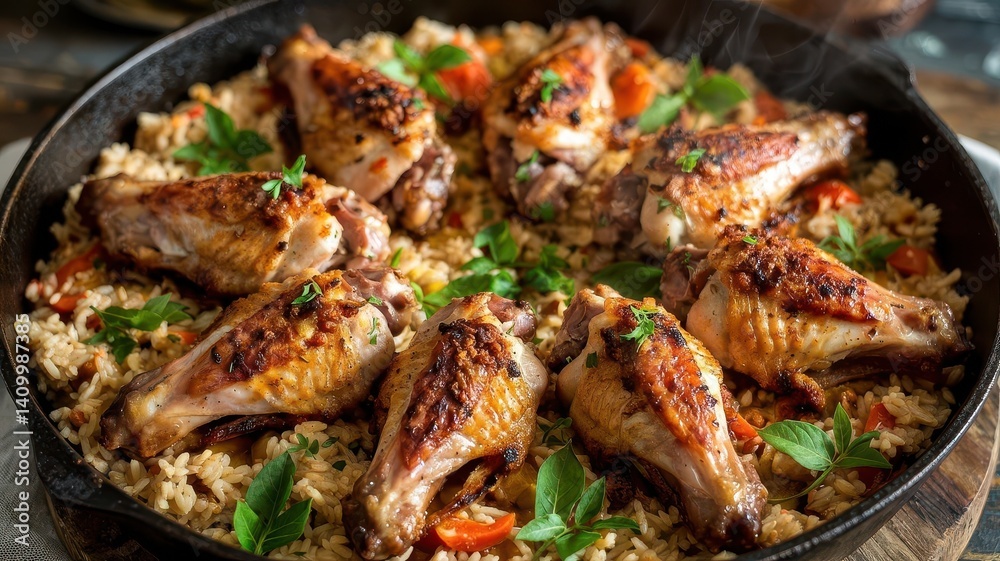 Cajun turkey wings in cast-iron skillet with dirty rice viewed from above, showcasing circular arrangement, charred tips, spice-rubbed skin, vibrant paprika oil, and green herb garnish. Cajun turkey wings in cast-iron skillet with dirty rice viewed from above, showcasing circular arrangement, charred tips, spice-rubbed skin, vibrant paprika oil, and green herb garnish.