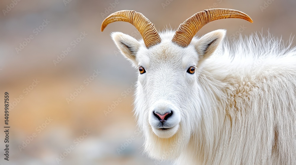 Fototapeta premium A close-up of a white mountain goat with prominent horns, showcasing its distinctive features against a blurred natural background.