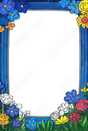 Night sky-blue frame adorned with vibrant flowers, blank center for text or image