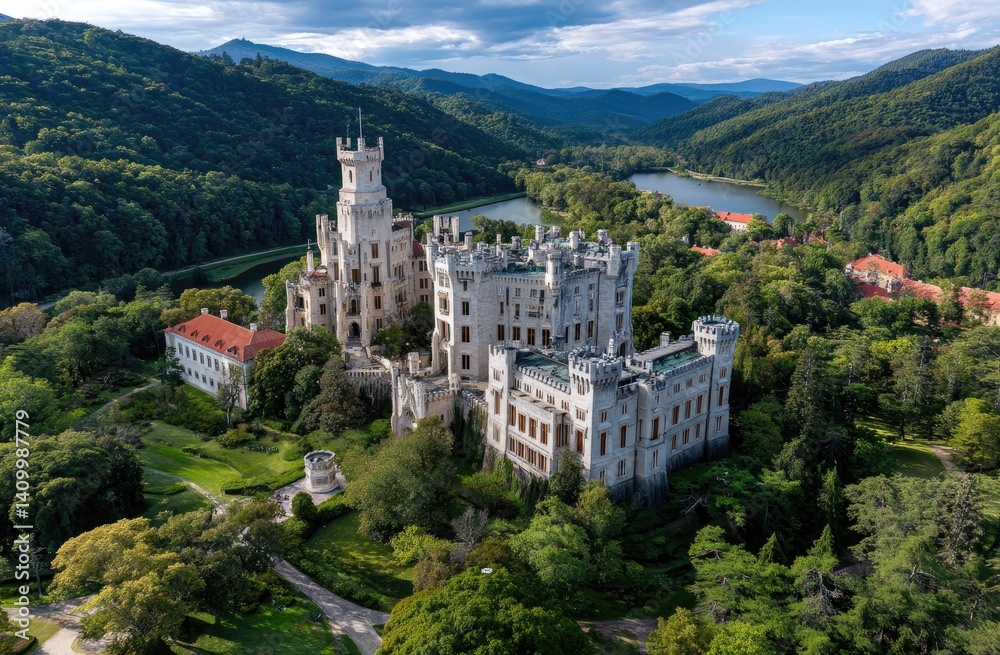 Aerial view of a fairytale medieval castle in the heart of Europe, surrounded by lush greenery and a blue sky Aerial view of a fairytale medieval castle in the heart of Europe, surrounded by lush greenery and a blue sky
