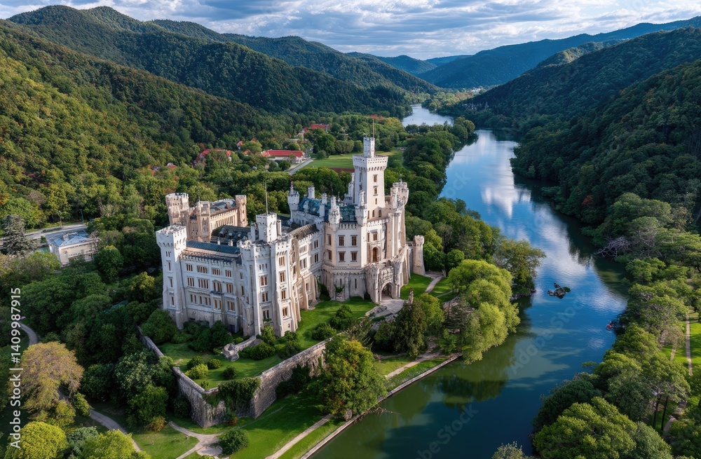 Fototapeta premium Aerial view of a fairytale medieval castle in the heart of Europe, surrounded by lush greenery and a blue sky