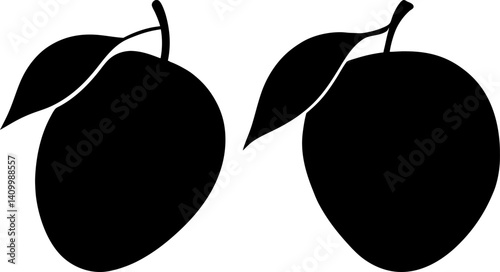Mango with leaves art vectors and Set of black fresh fruits icon silhouette collections
