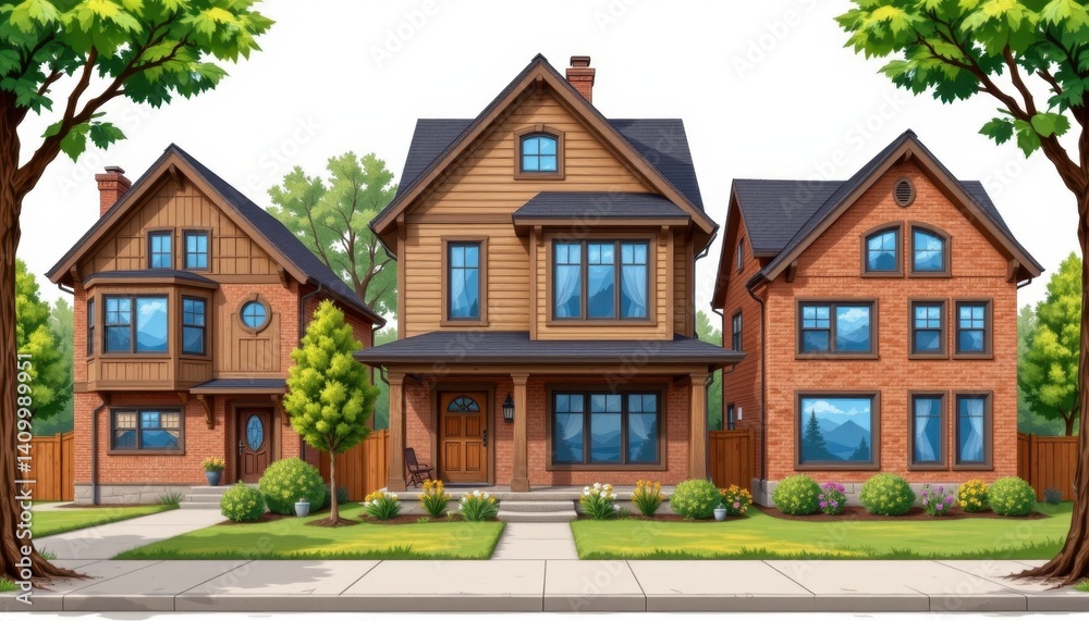 Stylish residential architecture suburban neighborhood digital illustration daylight front view modern living Stylish residential architecture suburban neighborhood digital illustration daylight front view modern living