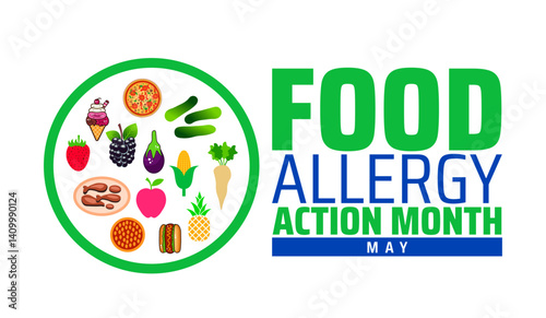 food allergy action month background banner or poster design template. observed every year in May. Holiday concept. Use to any Template, card, poster, placard, template.