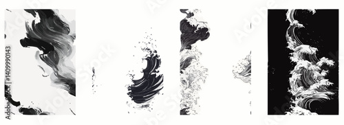 Vector pattern set of a hand-drawn brush wave in the bottom right corner background