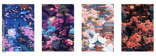 Vector pattern set of a magical festival in a hidden yokai town under cherry trees background pink