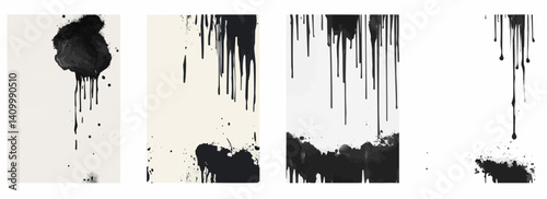 Vector pattern set of minimalist black ink drip slowly descending background