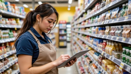 Grocery store employee using tablet for inventory management supermarket candid shot aisle professional setting