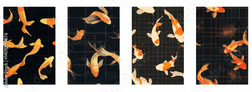 Vector pattern set of minimalist golden koi fish swimming across a dark background