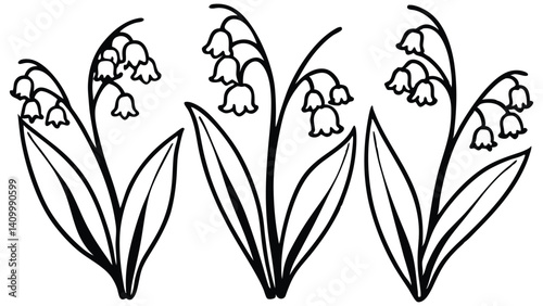 Elegant Lily of the Valley Line Art Icons for Floral Designs | Minimalist Bell Flower Illustrations in Black and White | Botanical Line Art of Lily of the Valley for Print and Digital Use