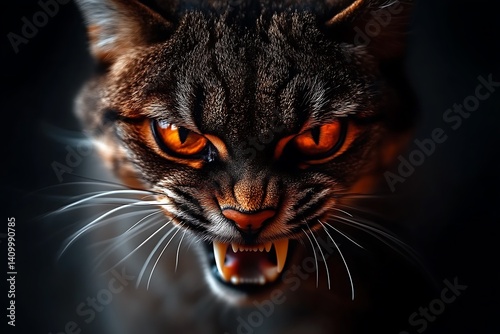 Fierce Cat Growling with Fiery Eyes and Sharp Teeth in Dark