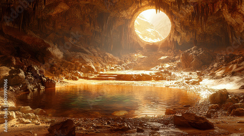 serene cave with glowing circular opening and reflective pool