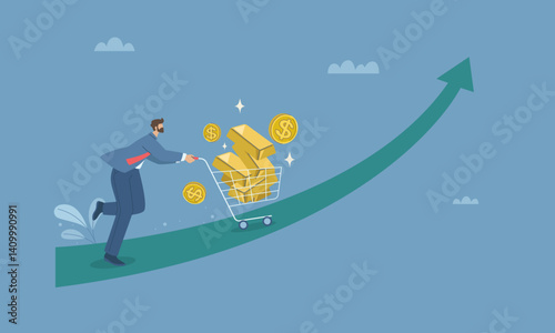 Male investor buys gold in shopping cart running up on an arrow that shoots upwards, Investment concept in gold, Gold growth investment profit, Flat vector design illustration.