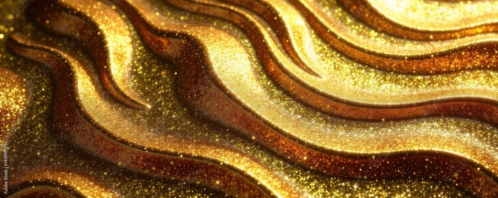 Obraz premium Glittery gold swirls in a liquid metal texture, golden glaze, shiny, metallic