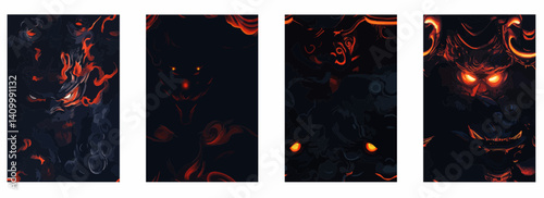 Vector pattern set of a mythical tengu mask with dark shadows and glowing eyes background