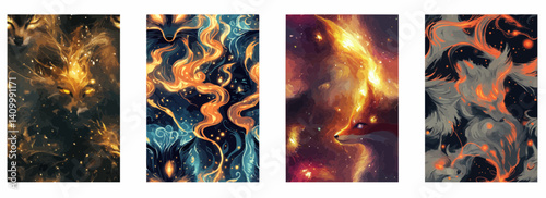 Vector pattern set of a glowing kitsune fox spirit with mystical lights background