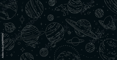Cosmic Planets Line Art Pattern